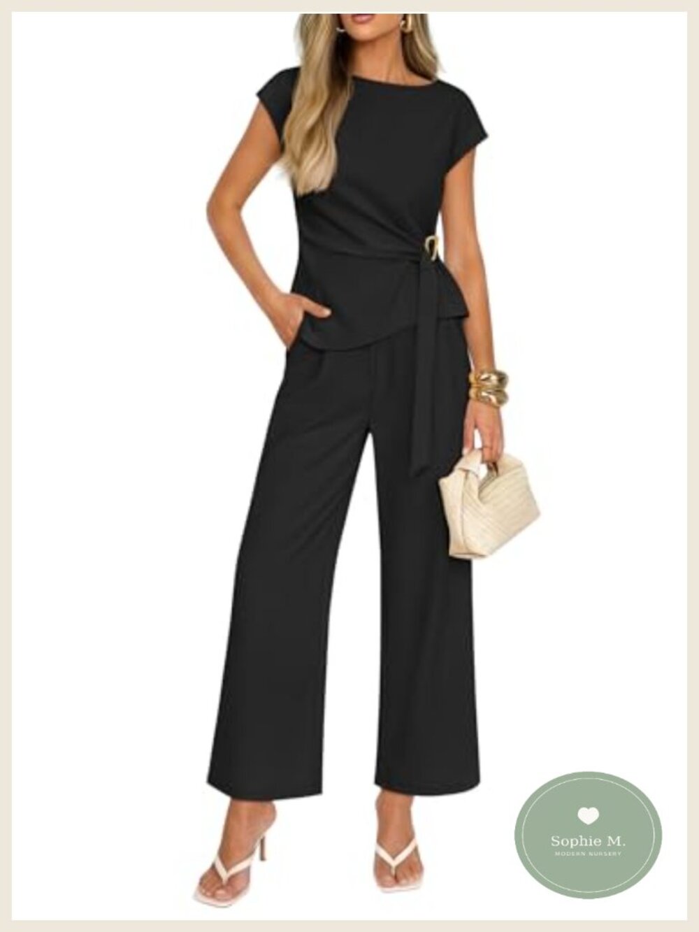 Women's 2 Piece Office Pant Set Short Sleeve Boat Neck Top Wide Leg Pants